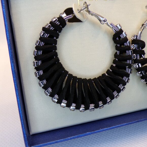 Persimmon Crystal Black Leather Hoop Earrings - Picture 6 of 7